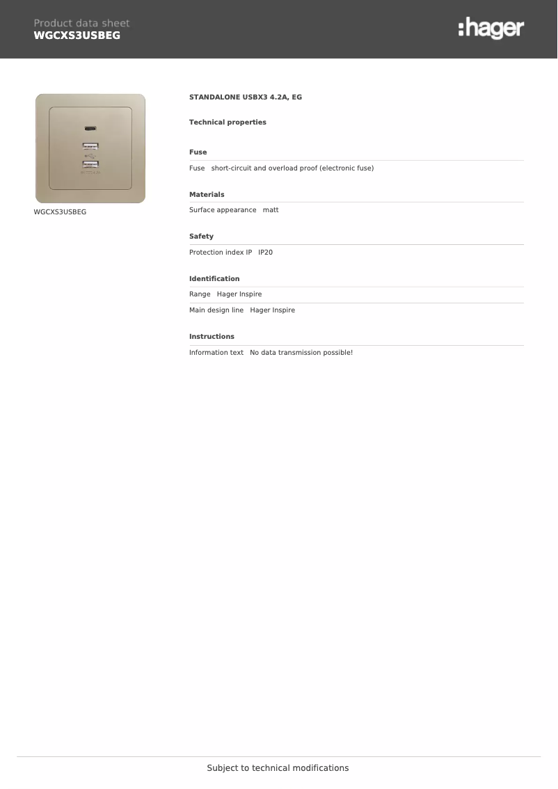 Page 1 de la notice Fiche technique Hager WGCXS3USBEG