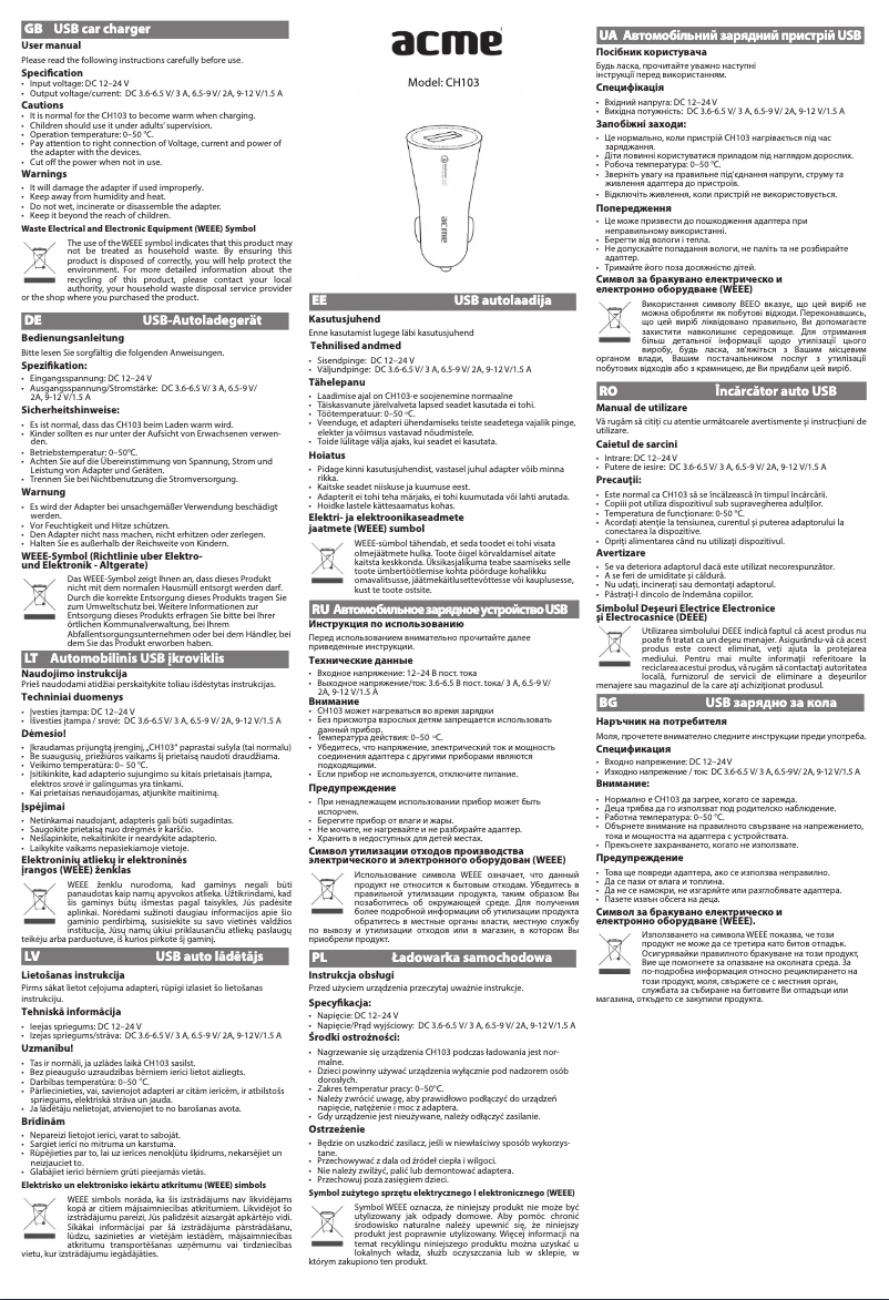 Page 1 de la notice Manuel utilisateur Acme CH103