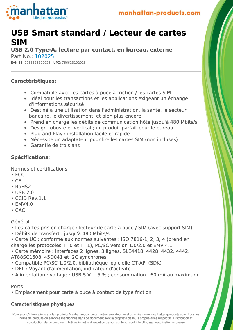 Page 1 de la notice Fiche technique Manhattan 102025