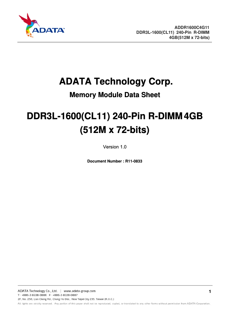 Image de la première page du manuel de l'appareil DDR3L R-DIMM