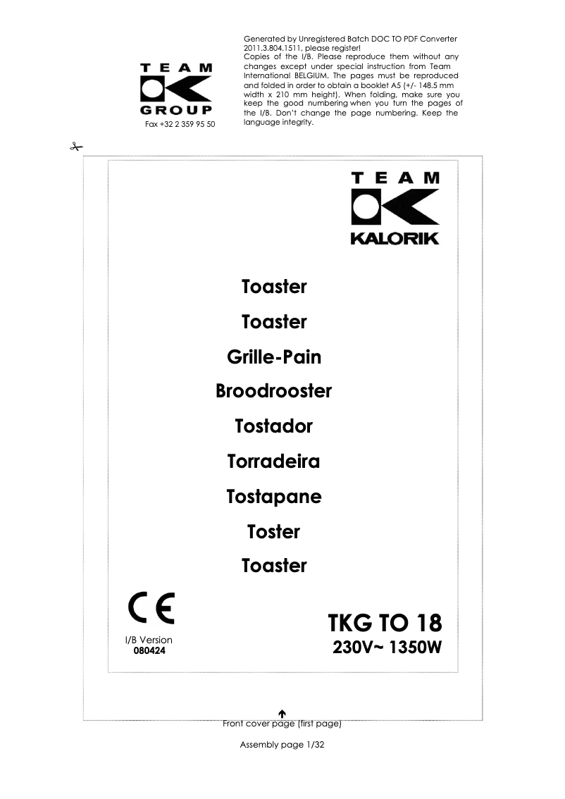 Página 1 del manual Manual de usuario Kalorik TKG TO 18