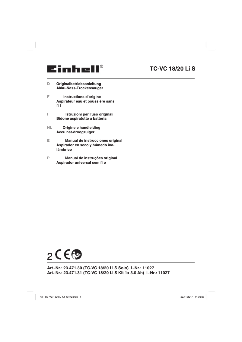 Page 1 de la notice Manuel utilisateur Einhell TC-VC 18/20 Li KIT