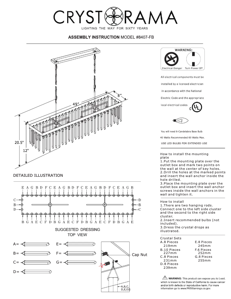 Page 1 de la notice Manuel utilisateur Crystorama Hollis 8407-FB
