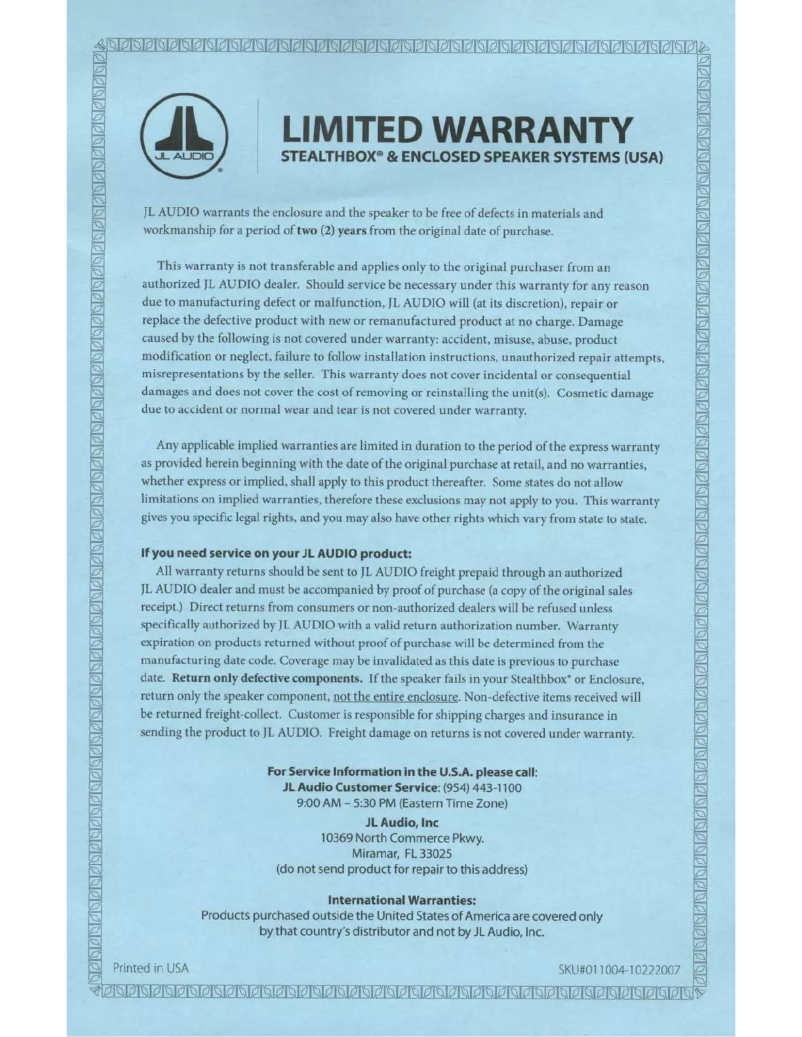 Page 1 de la notice Manuel utilisateur JL Audio HO110RG-W3v3