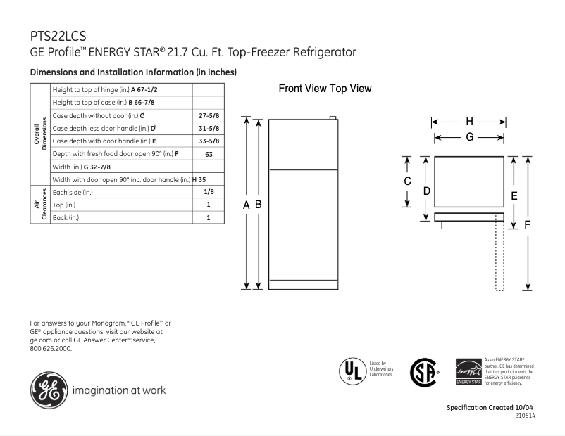Page 1 de la notice Fiche technique GE Profile PTS22LCSCC