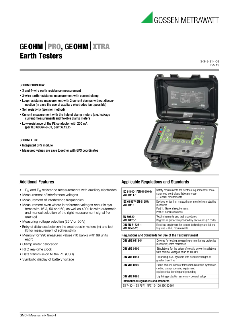 Page 1 de la notice Fiche technique Gossen Metrawatt GEOHM PRO