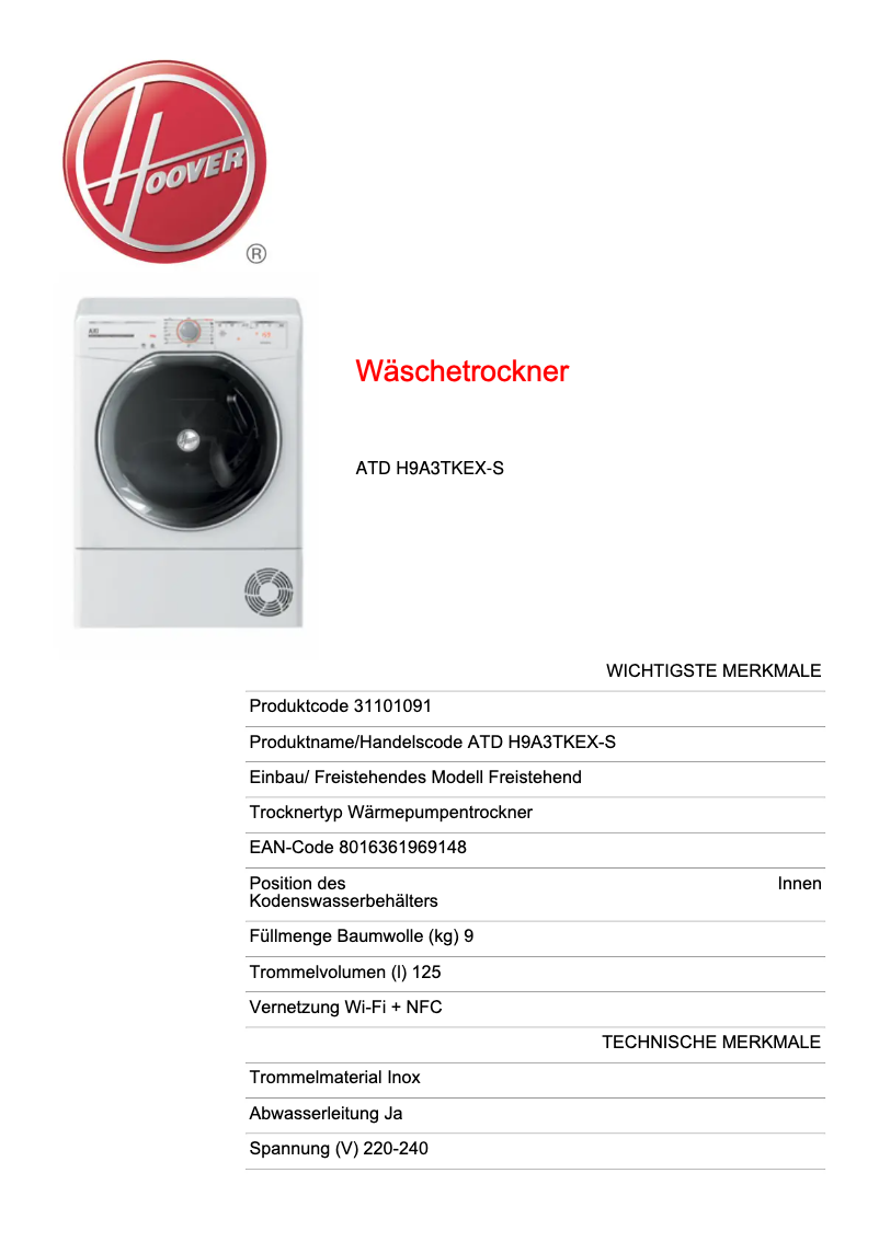 Página 1 del manual Ficha técnica Hoover ATD H9A3TKEX-S