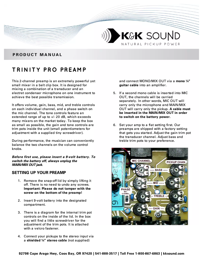 Page n°1 - Manuel utilisateur K&K Sound Trinity Pro Preamp