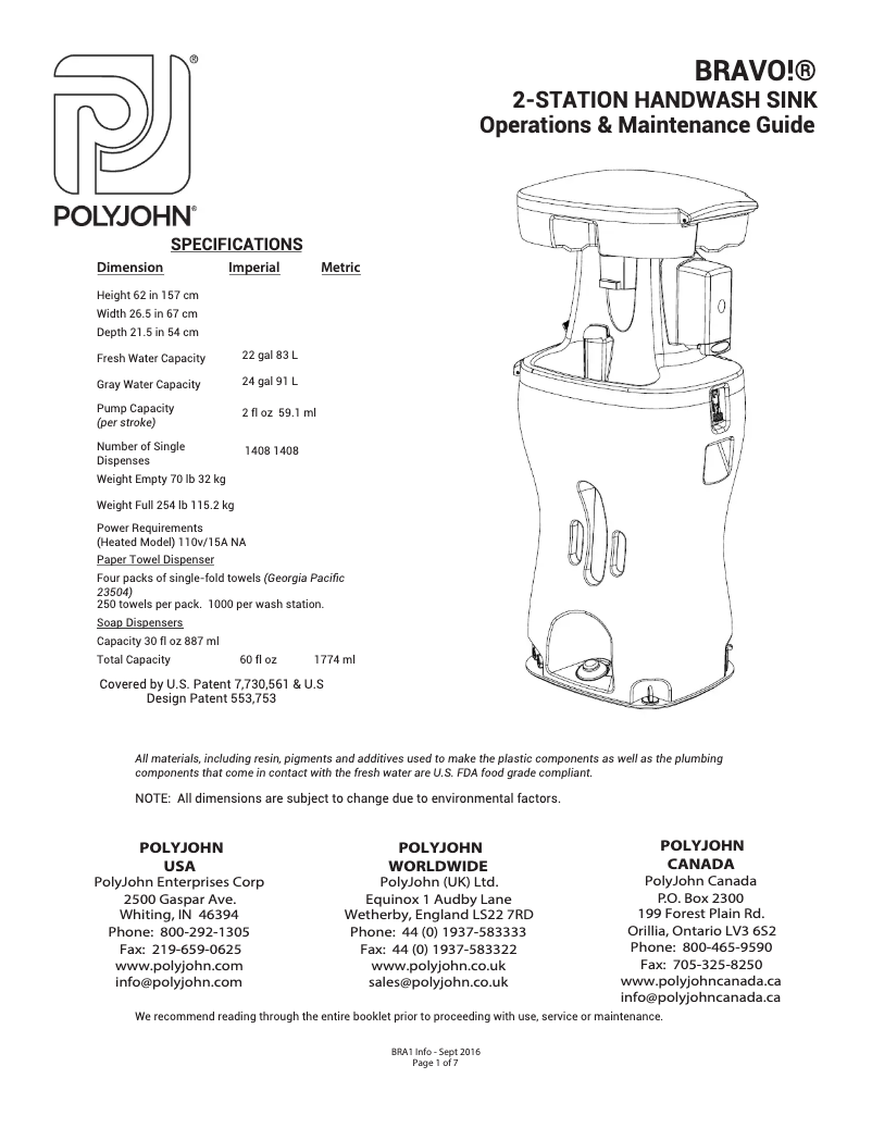 Page 1 de la notice Manuel utilisateur PolyJohn Bravo BRA2-1000