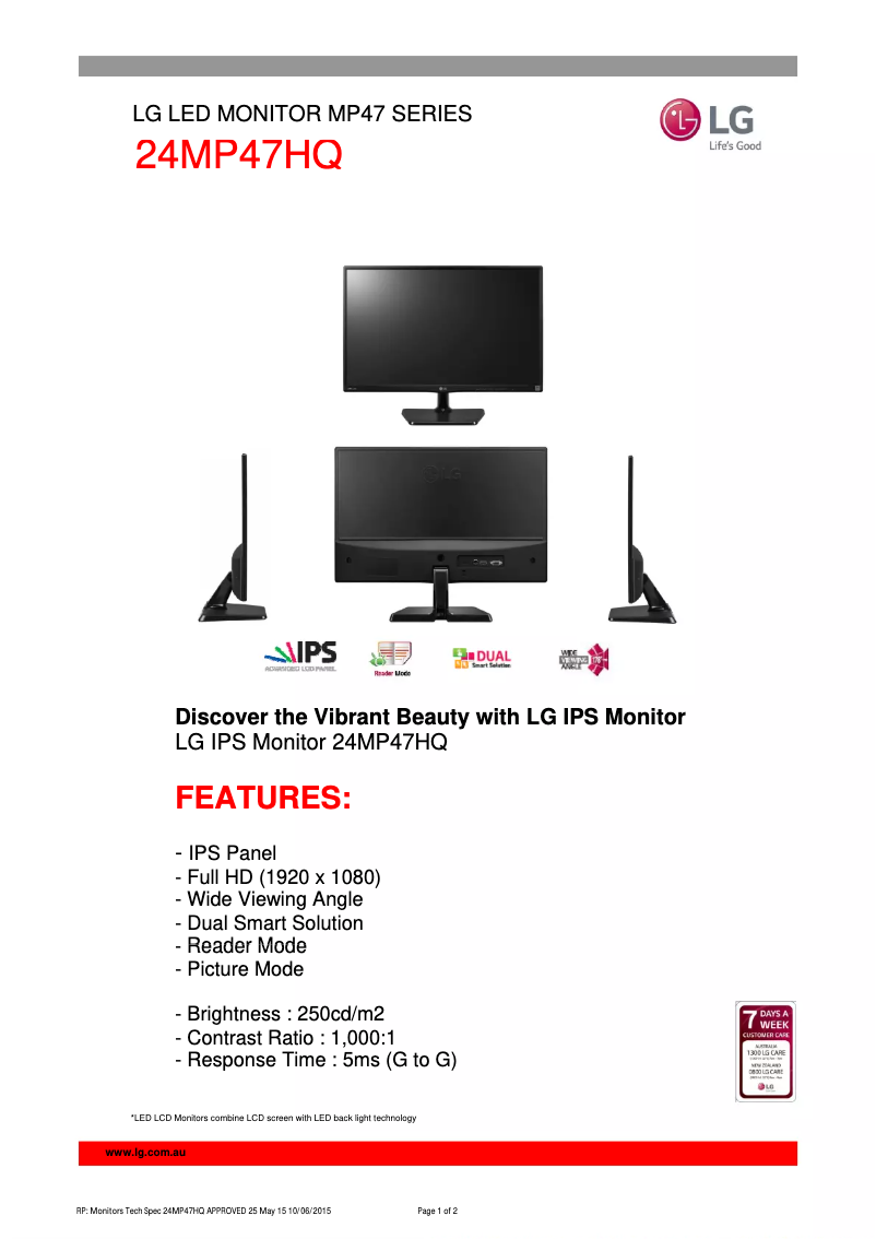 Page 1 de la notice Fiche technique LG 24MP47HQ-P