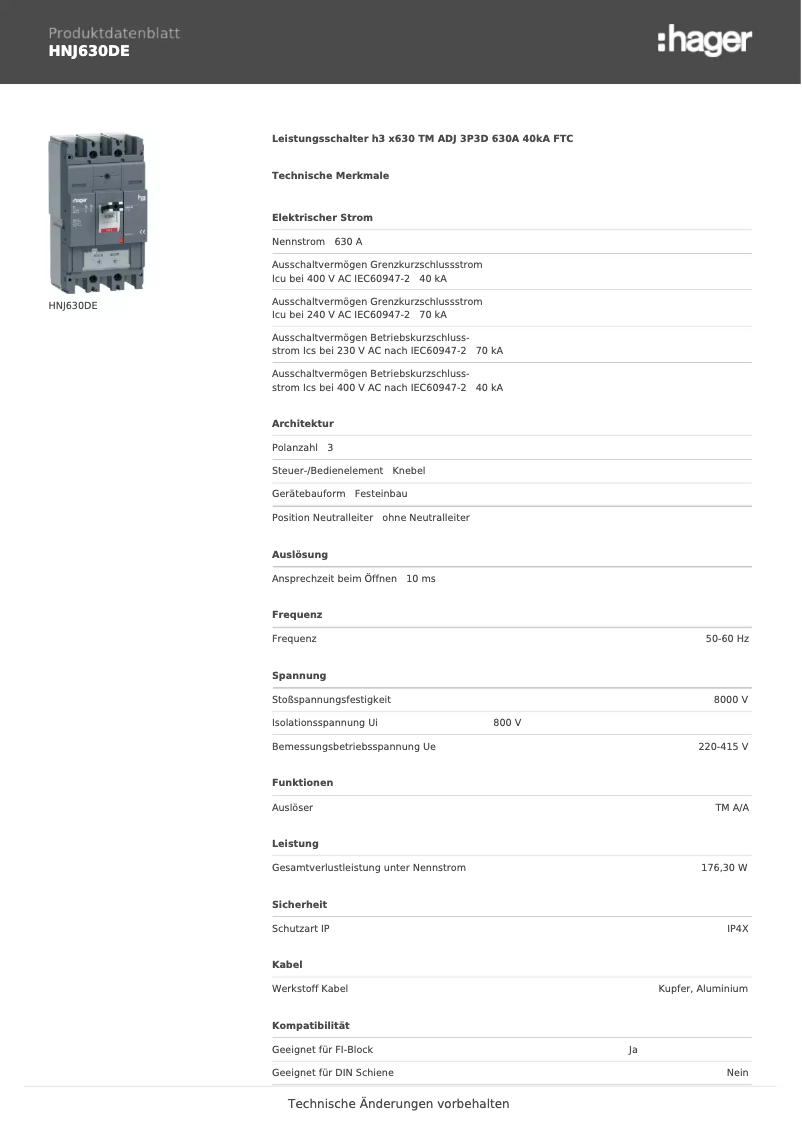 Página 1 del manual Ficha técnica Hager HNJ630DE