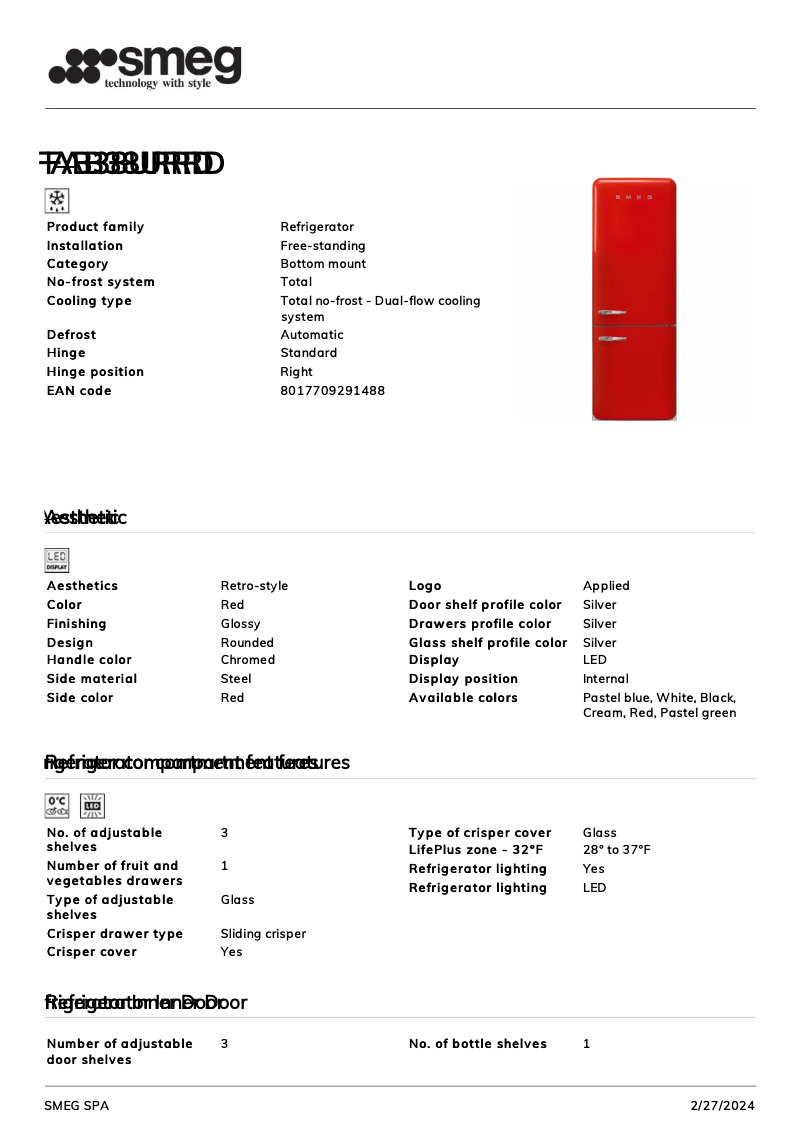 Page n°1 - Fiche technique Smeg FAB38URRD