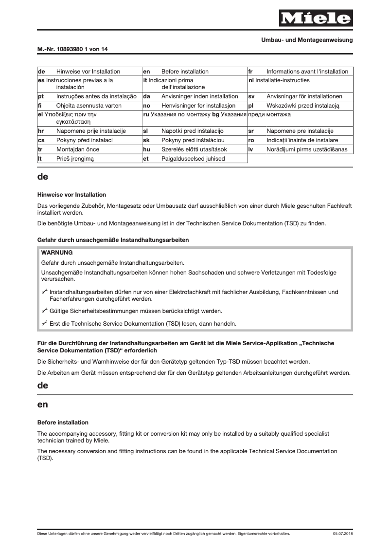 Page n°1 - Guide d'installation Miele UO 5005-30