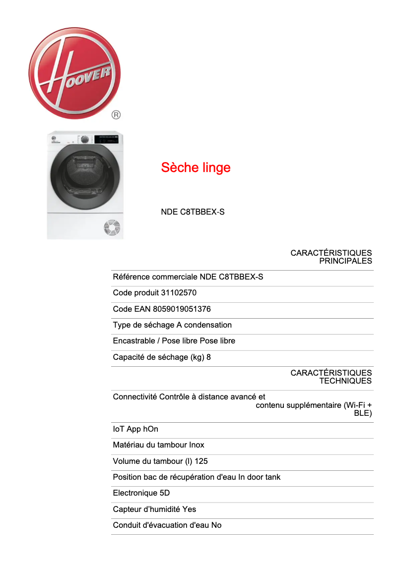 Page n°1 - Fiche technique Hoover NDE C8TBBEX-S