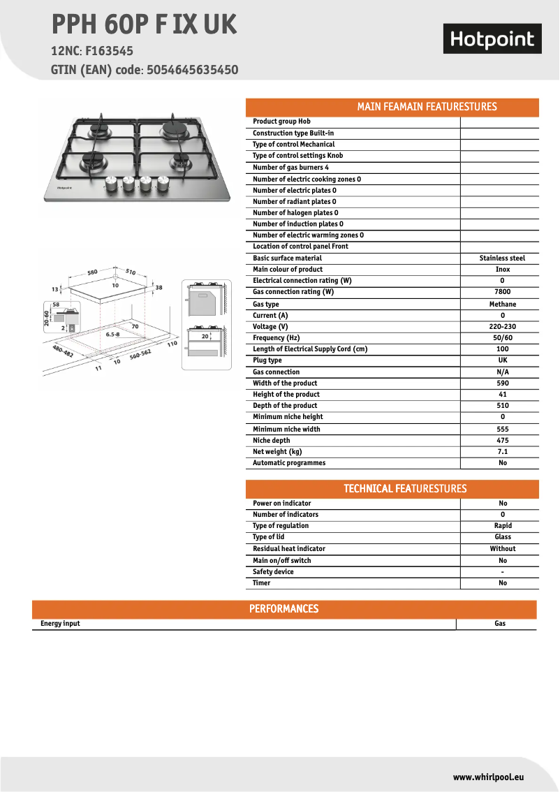 Page 1 de la notice Fiche technique Hotpoint PPH 60P F IX UK