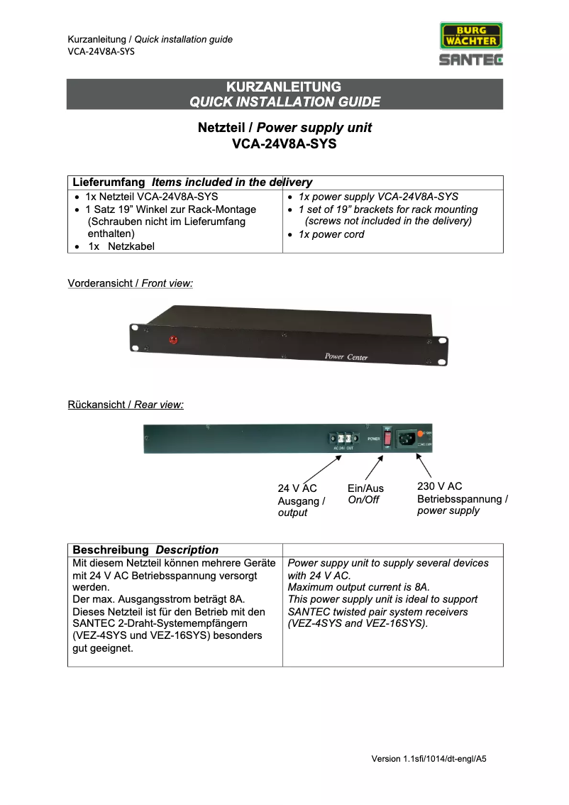 Page 1 de la notice Manuel utilisateur Burg Wächter VCA-24V8A-SYS