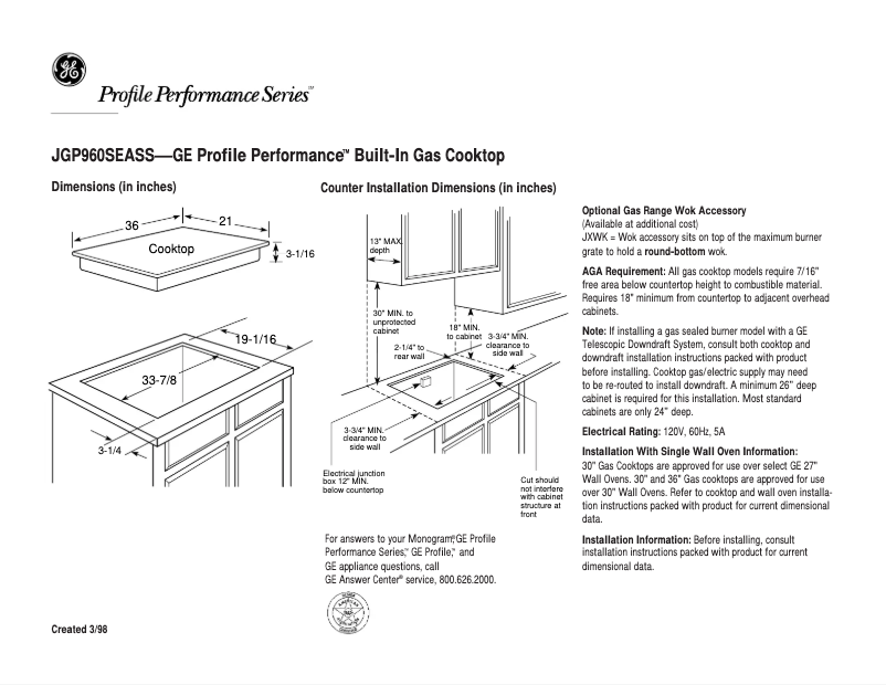 Page 1 de la notice Fiche technique GE Profile Performance JGP960SEASS