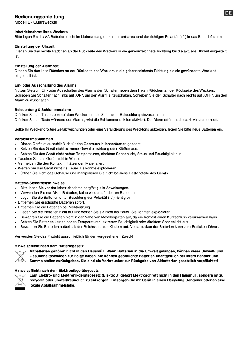 Page 1 de la notice Manuel utilisateur Techno Line Modell L