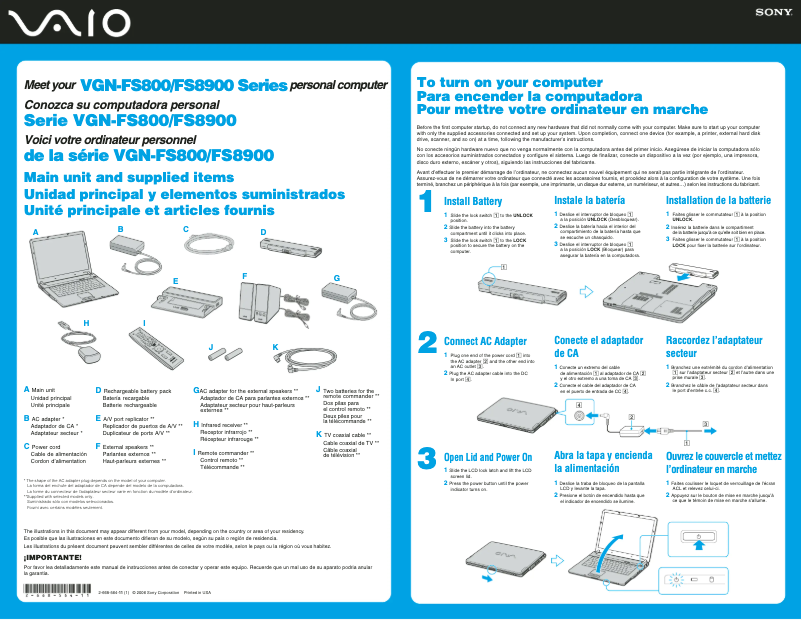 Page 1 de la notice Guide d'installation Sony Vaio VGN-FS840