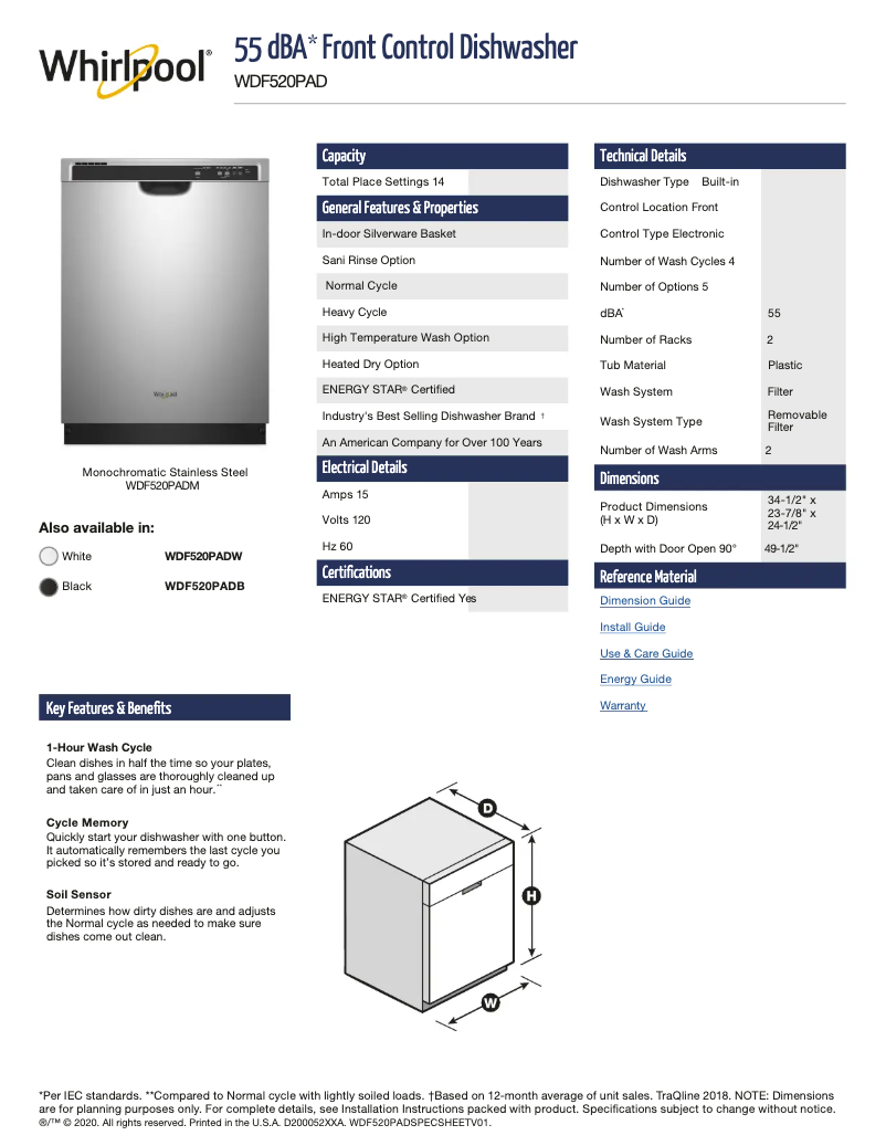Page n°1 - Fiche technique Whirlpool WDF520PADM