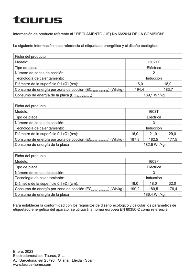 Page 1 de la notice Label énergétique Taurus I3021T