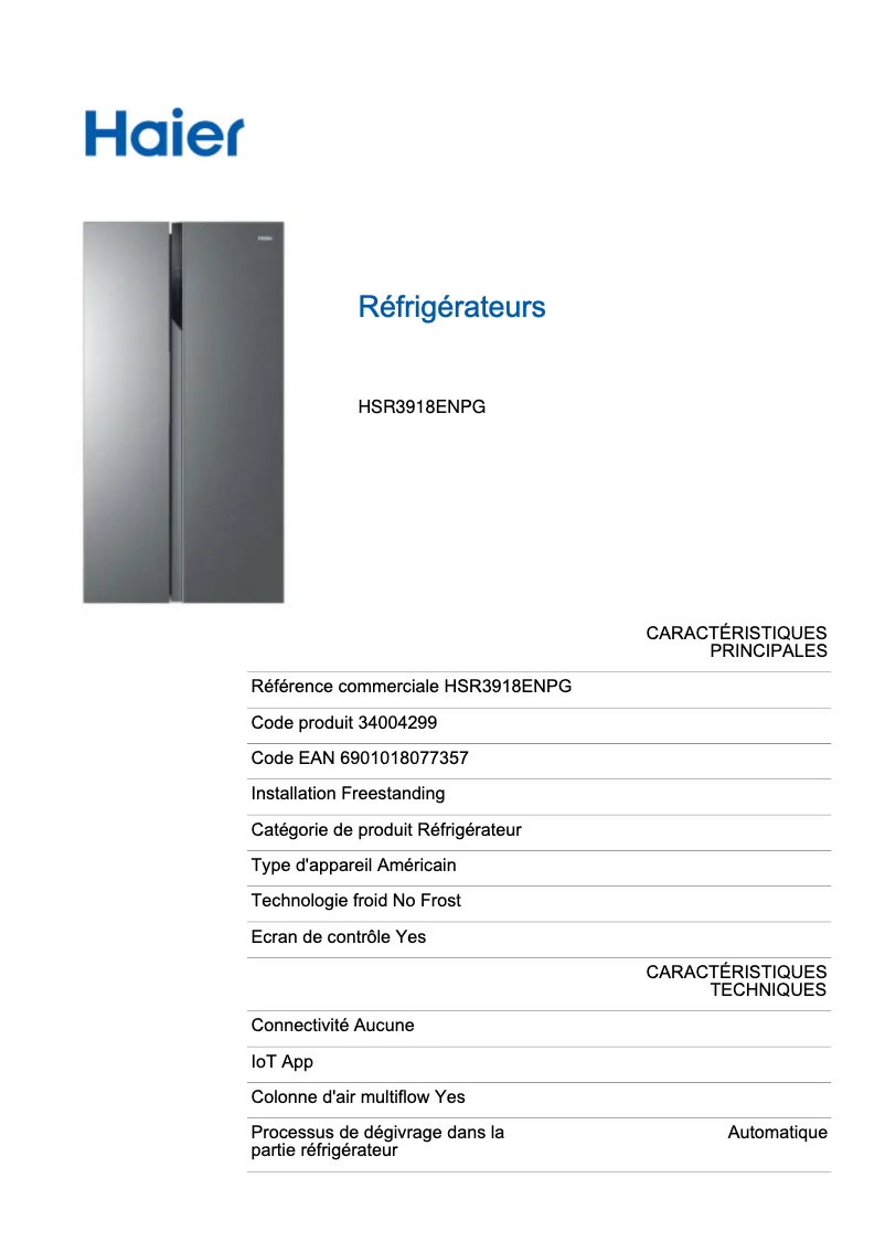 Page n°1 - Fiche technique Haier HSR3918ENPG
