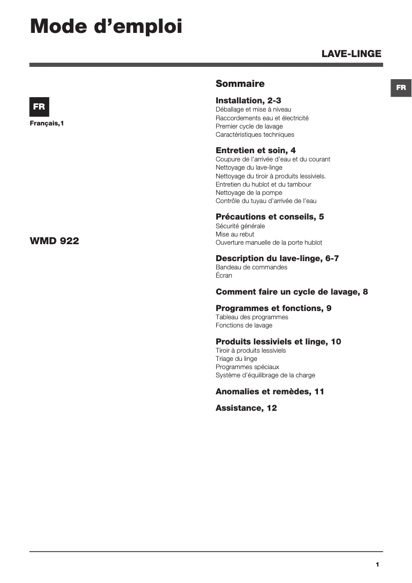 Page 1 de la notice Manuel utilisateur Hotpoint WMD 922 B FR