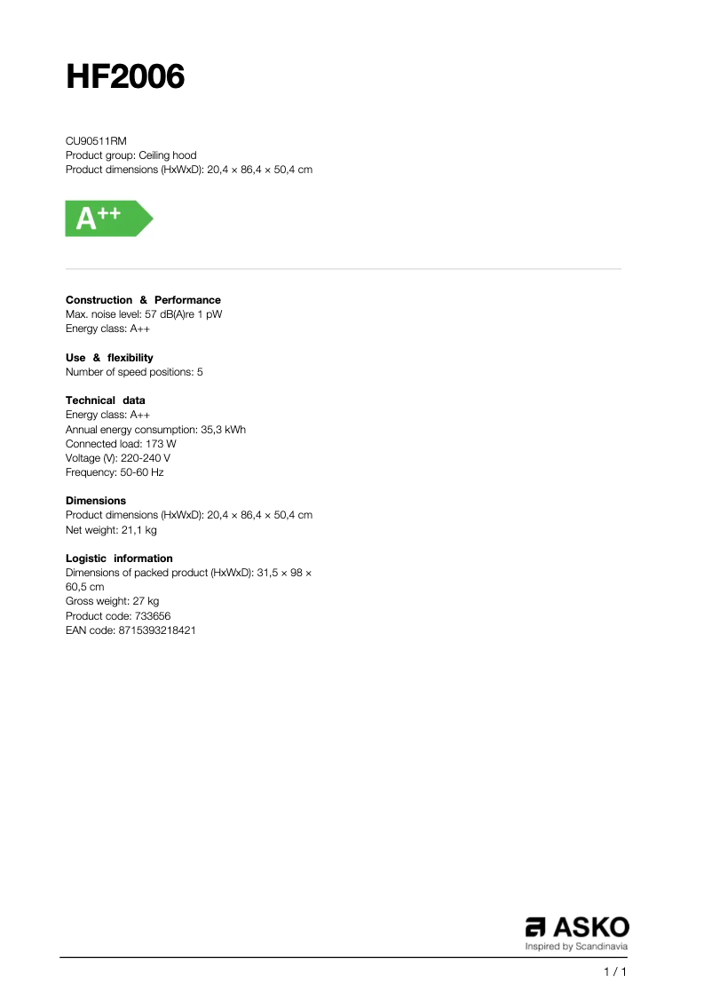 Page n°1 - Fiche technique Asko HF2006