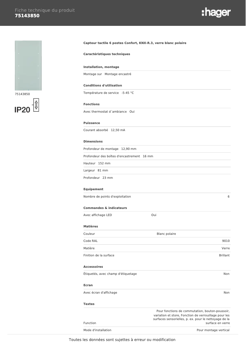 Page n°1 - Fiche technique Hager 75143850