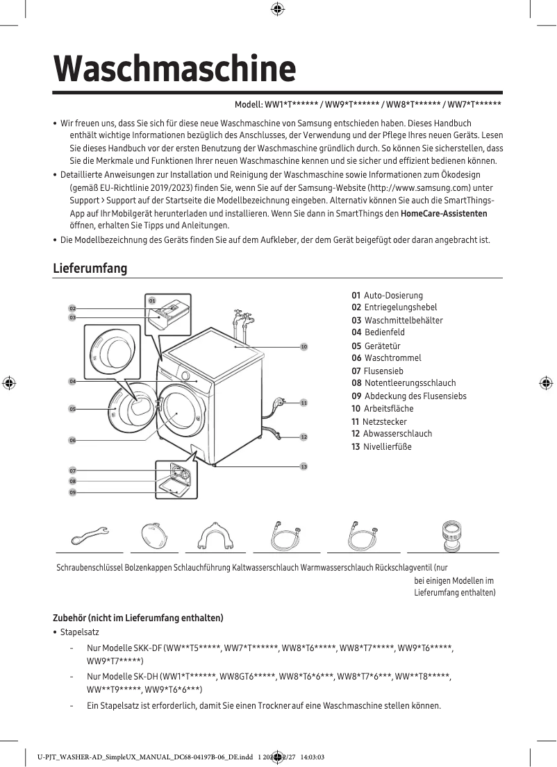Page 1 de la notice Manuel utilisateur Samsung WW80T734ABHA