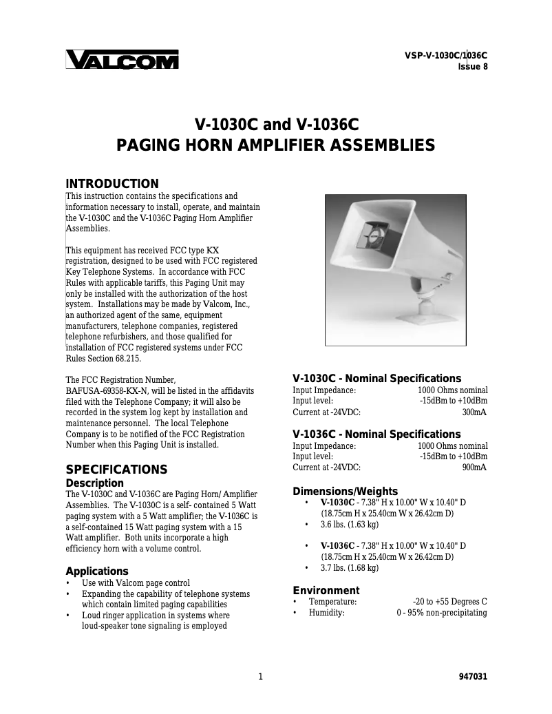 Page n°1 - Manuel utilisateur Valcom V-1036C