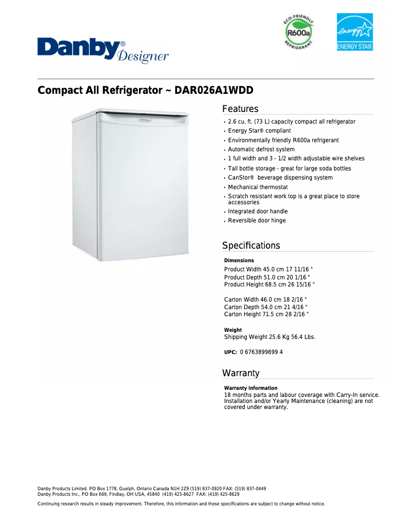 Página 1 del manual Ficha técnica Danby DAR026A1WDD