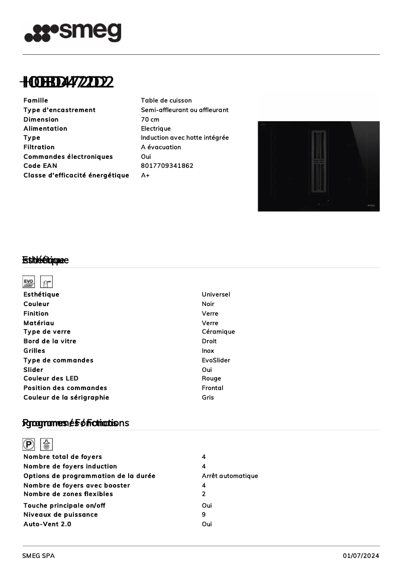 Page n°1 - Fiche technique Smeg HOBD472D2
