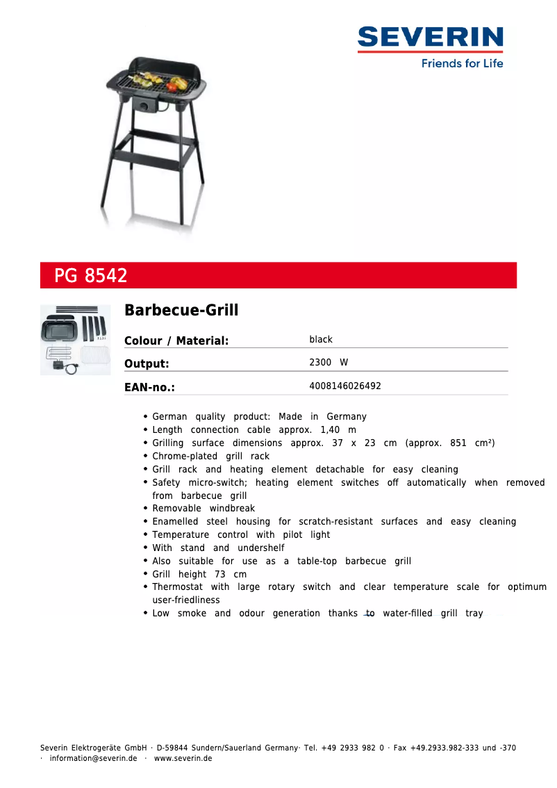Page 1 de la notice Fiche technique Severin PG 8542