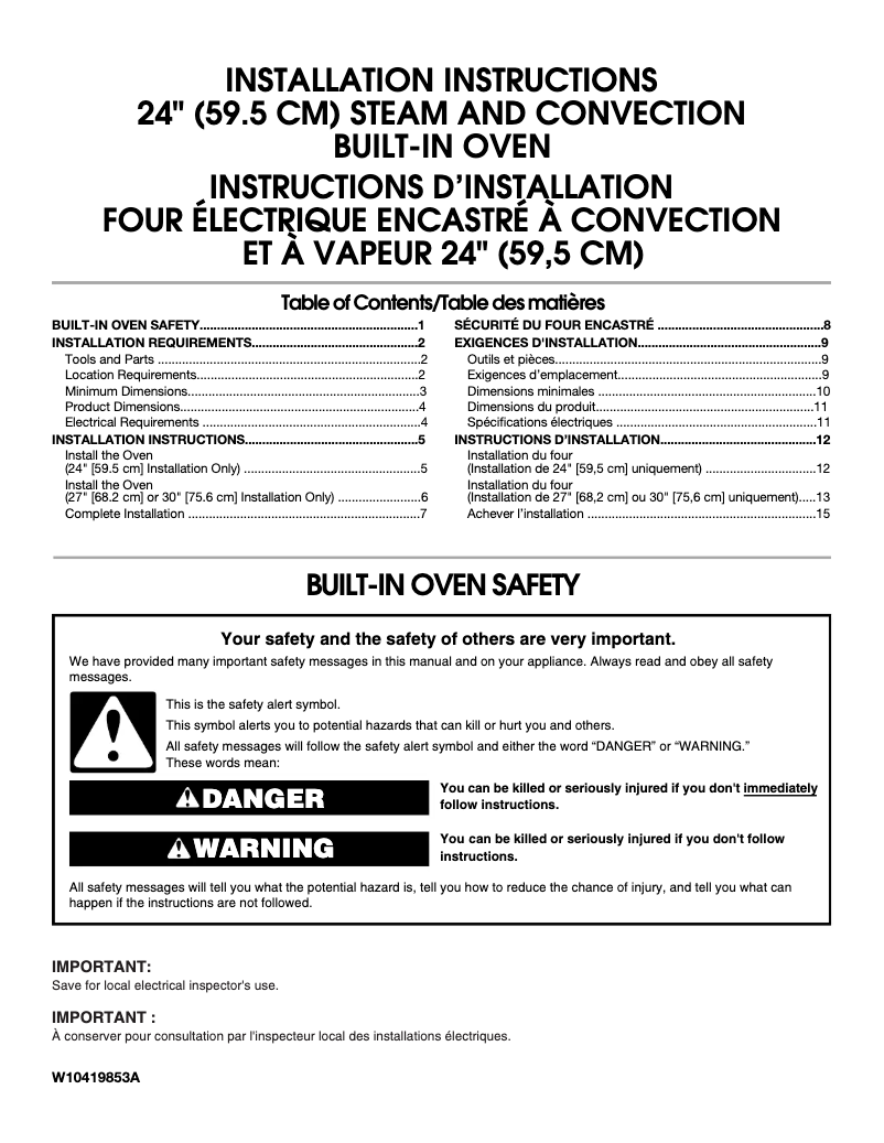 Page 1 de la notice Guide d'installation JennAir JBS7524BS