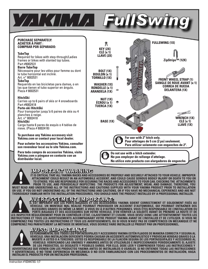 Page 1 de la notice Manuel utilisateur Yakima FullSwing