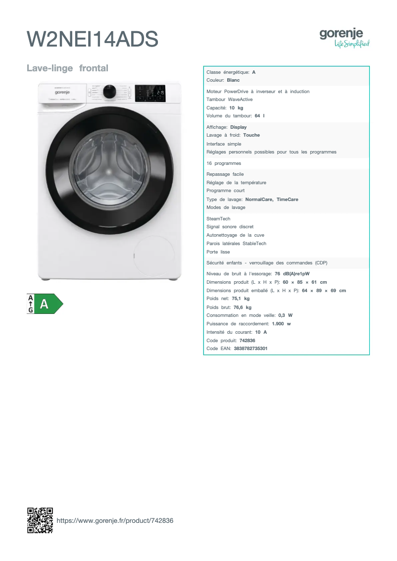 Page n°1 - Fiche technique Gorenje W2NEI14ADS