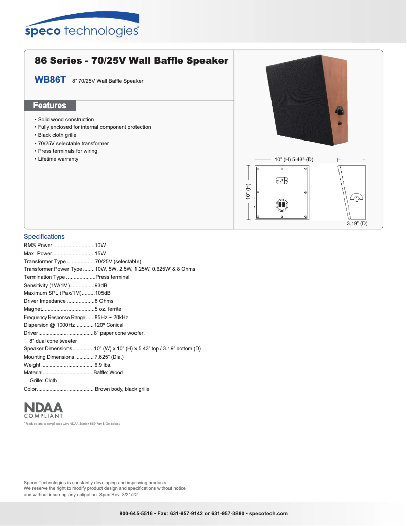 Page n°1 - Fiche technique Speco Technologies WB86T