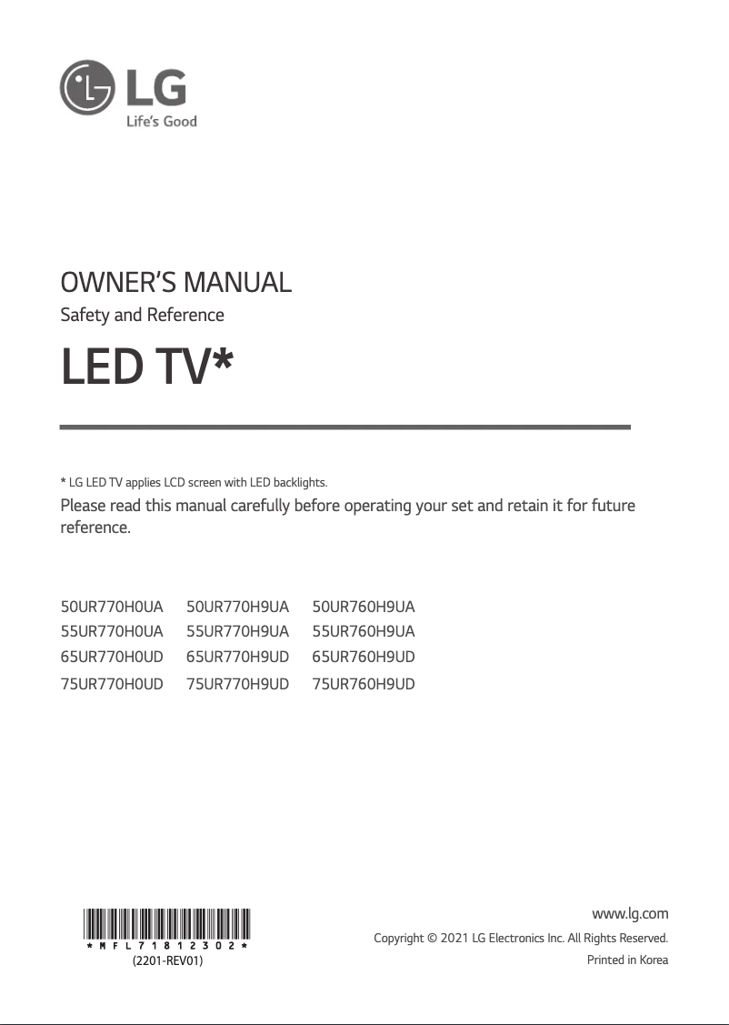 Page 1 de la notice Manuel utilisateur LG 50UR760H9UA