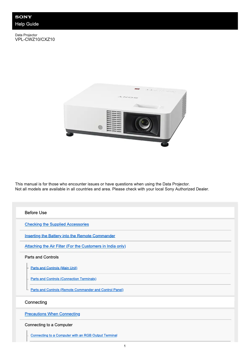 Image de la première page du manuel de l'appareil VPL-CWZ10