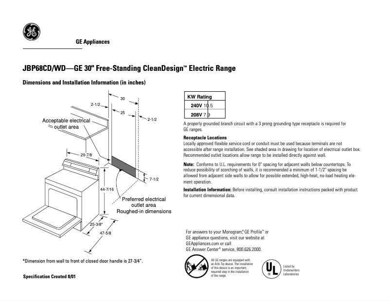 Page 1 of the manual Technical Sheet GE JBP68WDWW