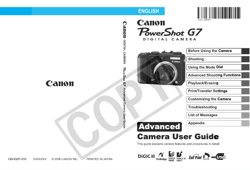 Page 1 de la notice Manuel utilisateur Canon Powershot G7