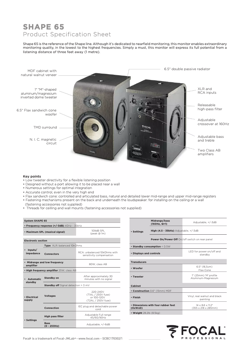 Page 1 de la notice Fiche technique Focal Shape 65