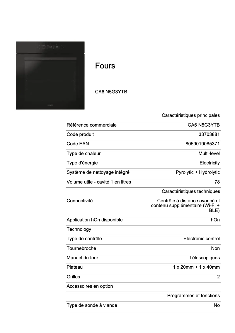 Page 1 de la notice Fiche technique Candy CA6 N5G3YTB