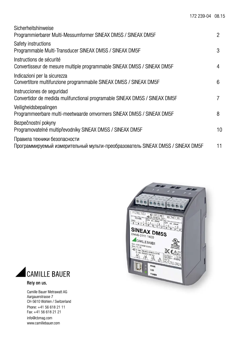 Page 1 de la notice Instructions de sécurité Camille Bauer SINEAX DM5S
