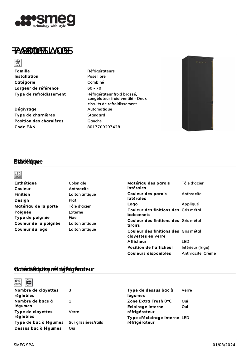 Page n°1 - Fiche technique Smeg FA8005LAO5