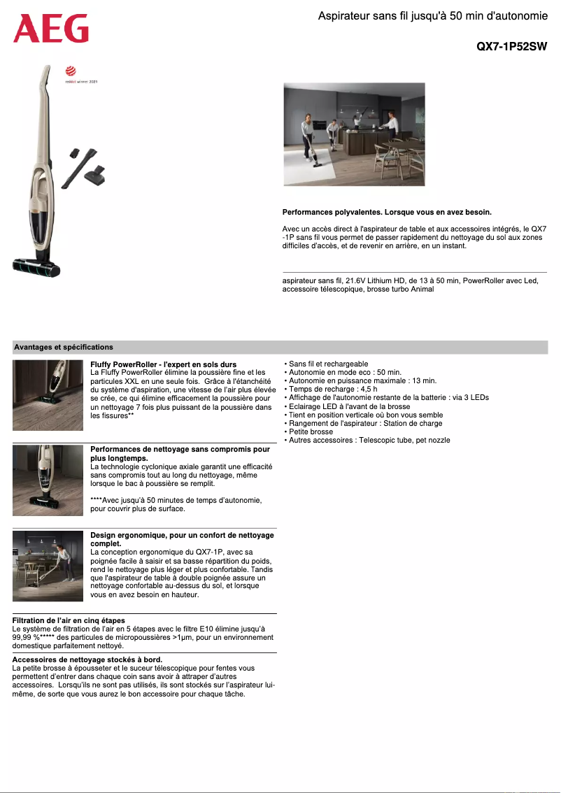 Page 1 de la notice Fiche technique AEG QX7-1P52SW