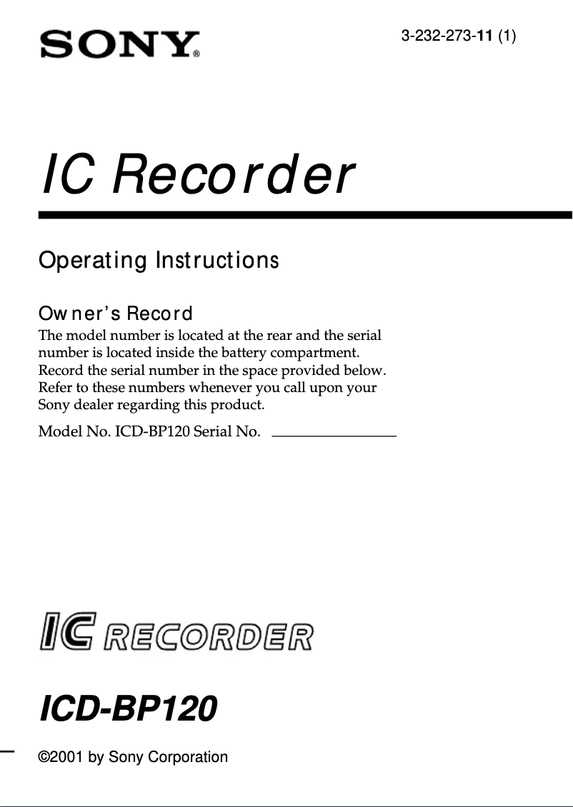 Page 1 de la notice Manuel utilisateur Sony ICD-BP120