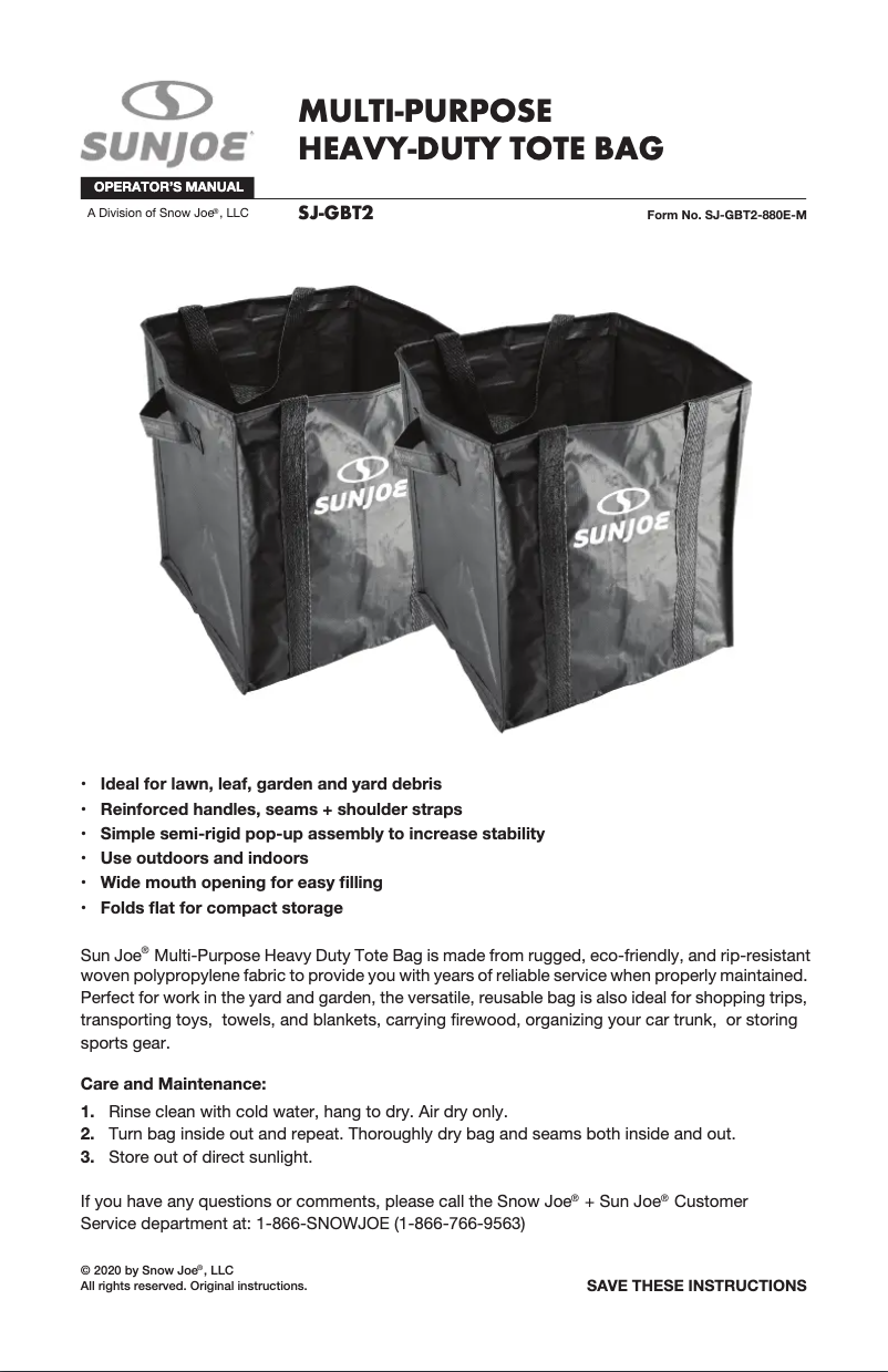 Page 1 de la notice Manuel utilisateur Sun Joe SJ-GBT2-SJG