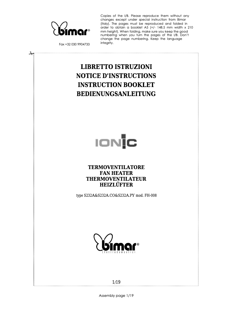 Page n°1 - Manuel utilisateur Bimar S232A.CO.EU